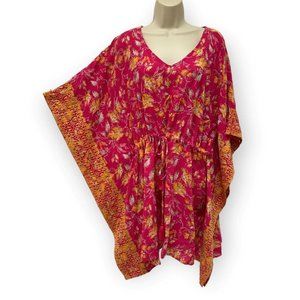 Garnet Hill XL Kimono Top Tunic 100% Cotton Gauze Embroidered Dark Pink Gold